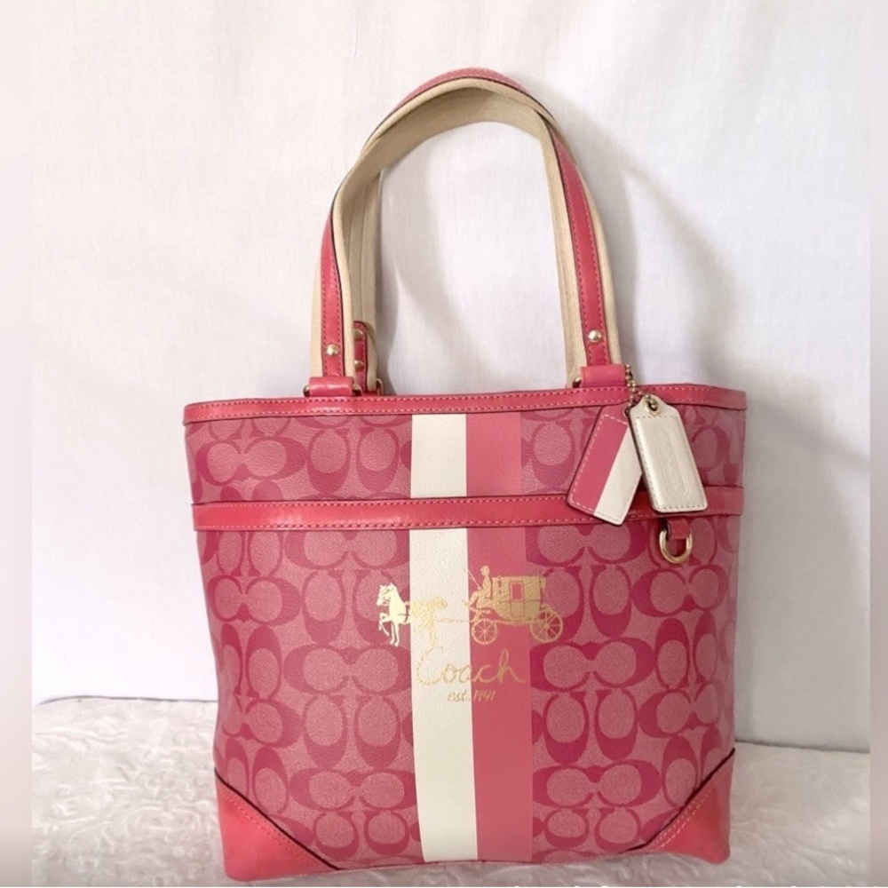 Coach Monogram CC Pink Striped Large Tote bundled with matching wallet. (2 pcs.)